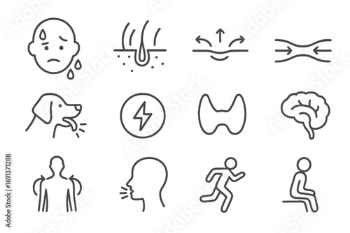 Human Thermoregulation Icons. Outline icon set of human thermoregulation mechanisms: sweating, goosebumps, blood vessel dilation,