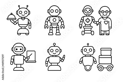 Robot Icon Collection. Outline icon set of social robots: service robot, humanoid robot, elder care bot,