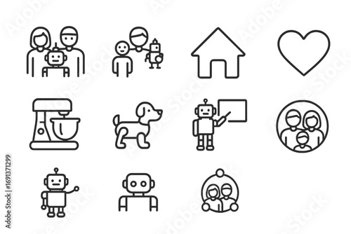Family and Robot Icons. Outline icon set of family and robots: parents with robot, child with toy robot, home