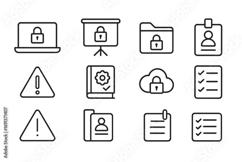 Workplace Privacy Icons. Outline icon set of workplace privacy training: laptop with lock, presentation board,
