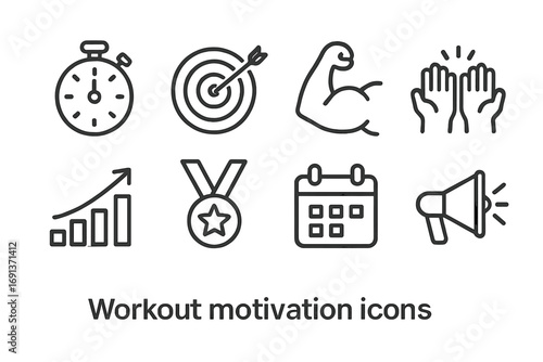 Workout Motivation Icons. Outline icon set of workout motivation: stopwatch, target bullseye, muscle flex,