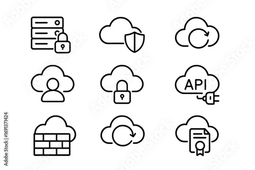 Cloud Security Icons. Outline icon set of cloud security: encrypted server, shielded cloud, data backup, user