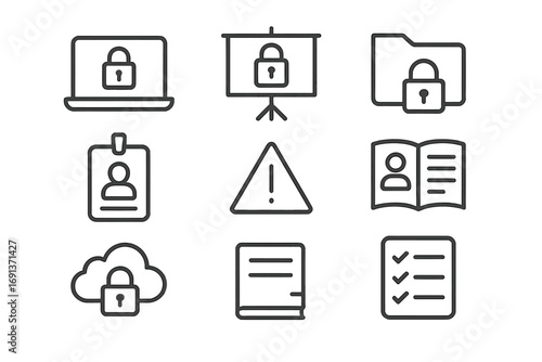 Workplace Privacy Icons. Outline icon set of workplace privacy training: laptop with lock, presentation board,