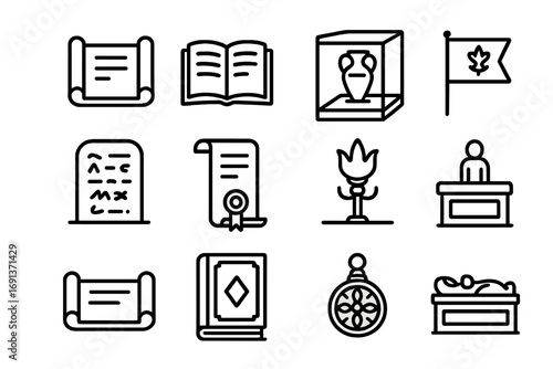 Heritage Document Icons. Outline icon set of cultural heritage documents: scroll, old manuscript, museum case,