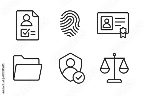 Digital Rights Icons Grid. Outline icon set of digital rights: user agreement, fingerprint, identity card,