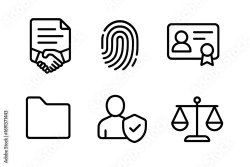 Digital Rights Icons Grid. Outline icon set of digital rights: user agreement, fingerprint, identity card,