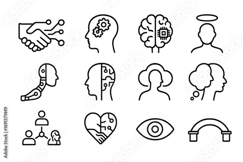 Human-AI Synergy Icons. Outline icon set of human–AI synergy: handshake with circuit, human head with gears, brain connected to