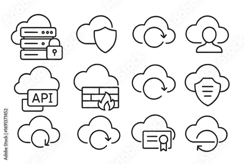 Cloud Security Icons. Outline icon set of cloud security: encrypted server, shielded cloud, data backup, user