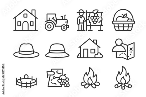 Agri-Tourism Icon Set. Outline icon set of agri-tourism experiences: farmhouse, tractor ride, vineyard tour,