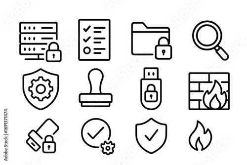 Corporate Data Governance Icons. Outline icon set of corporate data governance: secure server rack, compliance