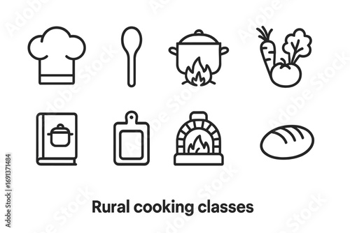 Rural Cooking Icons. Outline icon set of rural cooking classes: chef hat, wooden spoon, pot on fire,