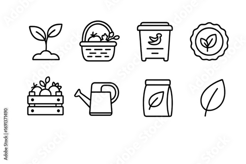 Organic Farming Icons. Outline icon set of organic farming tours: plant sprout, organic basket, compost bin,