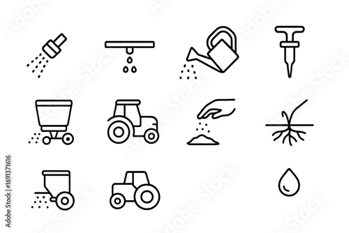 Fertilizer Application Icons. Outline icon set of fertilizer application methods: spray nozzle, drip