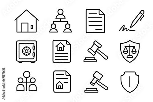 Estate Planning Icons. Outline icon set of estate planning: house, family tree, contract, signature, safe box,