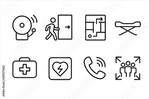 Emergency Icons Grid. Outline icon set of emergency response: fire alarm, exit door, emergency plan, stretcher
