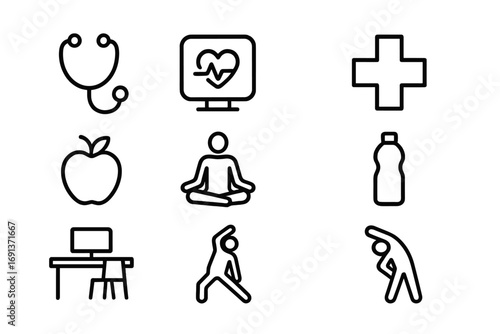 Occupational Health Icons. Outline icon set of occupational health: stethoscope, heart rate monitor, medical