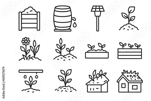 Sustainable Gardening Icons. Outline icon set of sustainable gardening: compost bin, rainwater barrel, solar