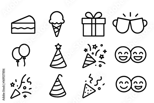 Joyful Celebration Icons. Outline icon set of joyful sharing: cake slice, ice cream, gift box, two cups,