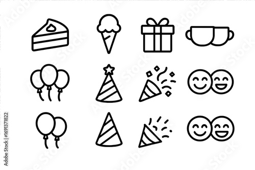 Joyful Celebration Icons. Outline icon set of joyful sharing: cake slice, ice cream, gift box, two cups,