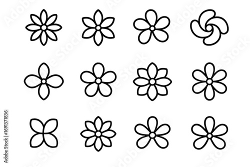 Petal Arrangement Icons. Outline icon set of petal arrangement types: radial symmetry, bilateral symmetry,