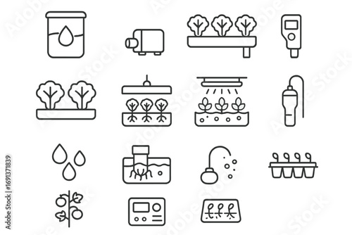 Hydroponics System Icons. Outline icon set of hydroponics systems: nutrient solution tank, water pump, growing channel, lettuce