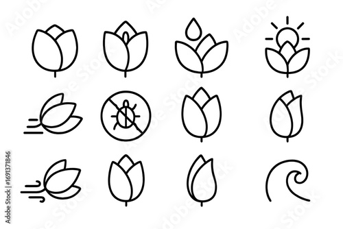 Petal Protection Icons. Outline icon set of petal protection function: covering stamen, shielding pistil,