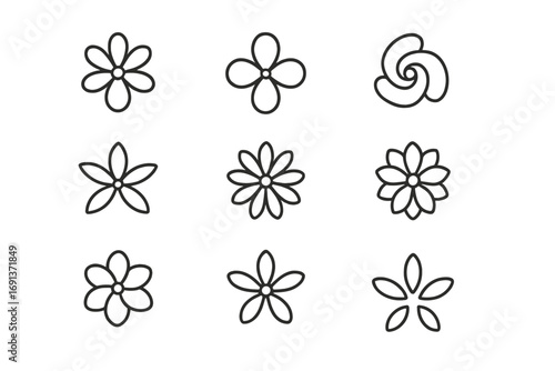 Petal Arrangement Icons. Outline icon set of petal arrangement types: radial symmetry, bilateral symmetry,