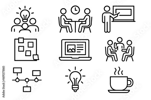 Creative Team Icons. Outline icon set of creative team planning a digital product launch: brainstorming