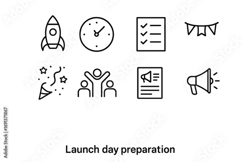 Launch Day Icons. Outline icon set of launch day preparation: rocket, countdown clock, checklist, banner,