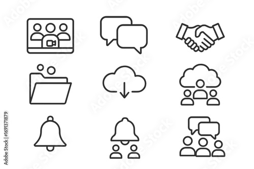 Team Collaboration Icons. Outline icon set of team collaboration: video call, chat bubble, handshake, shared