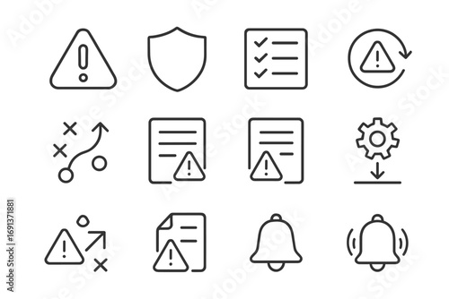 Risk Management Icons. Outline icon set of risk management: warning sign, shield, checklist, backup plan,