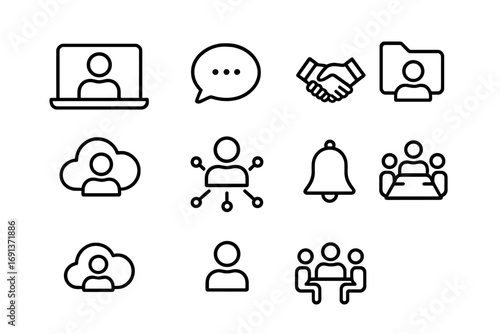 Team Collaboration Icons. Outline icon set of team collaboration: video call, chat bubble, handshake, shared
