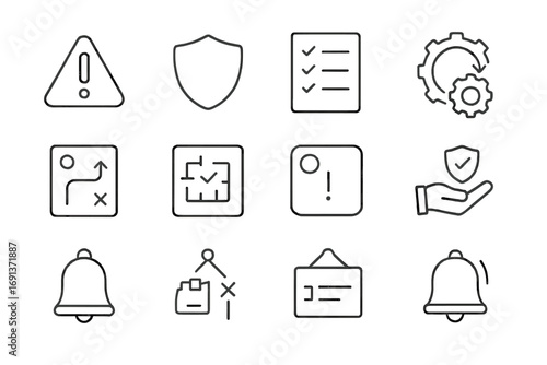 Risk Management Icons. Outline icon set of risk management: warning sign, shield, checklist, backup plan,
