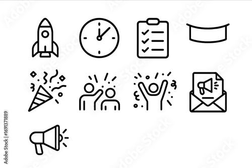 Launch Day Icons. Outline icon set of launch day preparation: rocket, countdown clock, checklist, banner,