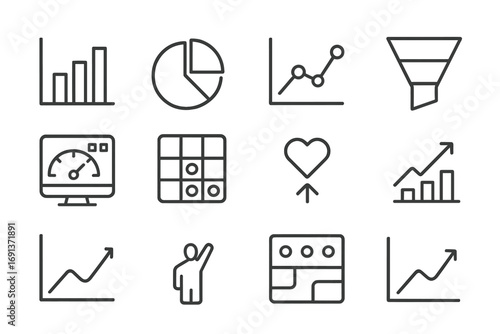 Digital Analytics Icons. Outline icon set of digital analytics: bar graph, pie chart, line chart, conversion