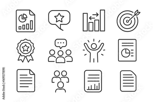 Post-Launch Evaluation Icons. Outline icon set of post-launch evaluation: analytics report, user review, chart