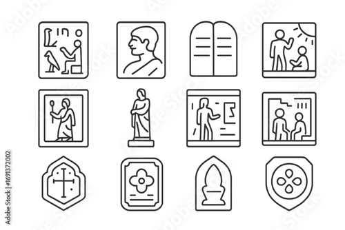Ancient Carving Icons. Outline icon set of ancient carvings: hieroglyphics, bas-relief, stone tablet, fresco,