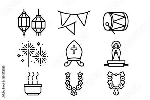 Religious Festival Icons. Outline icon set of religious festivals: lanterns, banners, drums, fireworks,