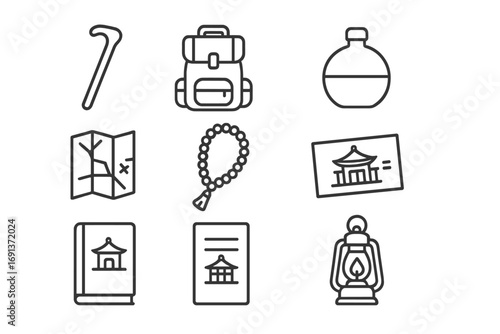 Pilgrimage Icon Collection. Outline icon set of pilgrimage elements: walking stick, backpack, water flask, map