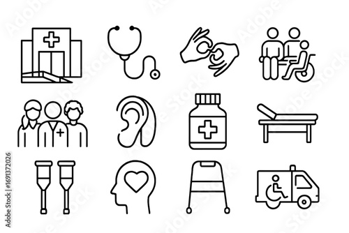 Inclusive Healthcare Icons. Outline icon set of inclusive healthcare spaces: hospital entrance with ramp, stethoscope, sign