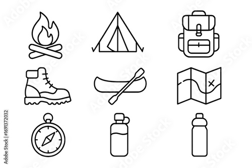 Summer Camp Icons. Outline icon set of summer camp activities: campfire, tent, backpack, hiking boots, canoe,