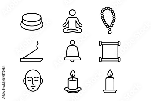 Meditation and Prayer Icons. Outline icon set of meditation and prayer: meditation cushion, lotus pose, prayer