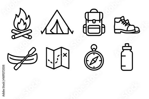 Summer Camp Icons. Outline icon set of summer camp activities: campfire, tent, backpack, hiking boots, canoe,