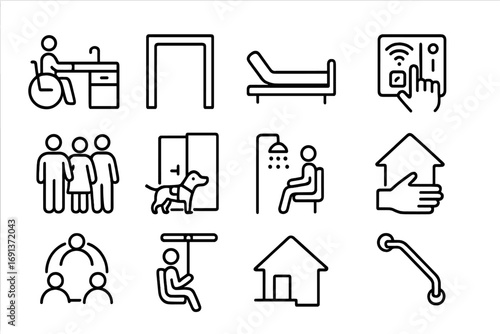 Inclusive Housing Icons. Outline icon set of inclusive housing spaces: accessible kitchen counter, wide doorway, adjustable bed,