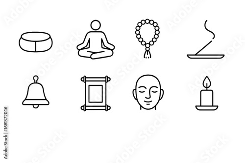 Meditation and Prayer Icons. Outline icon set of meditation and prayer: meditation cushion, lotus pose, prayer