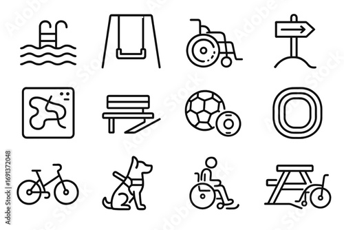 Inclusive Recreation Icons. Outline icon set of inclusive recreational spaces: accessible swimming pool, playground swing,