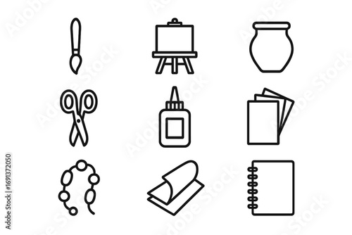 Art Supplies Icons. Outline icon set of arts and crafts: paintbrush, easel, clay pot, scissors, glue, colored