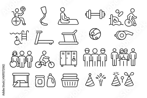 Inclusive Icon Sets. Outline icon set of inclusive sports and fitness: wheelchair basketball, prosthetic running leg, adaptive