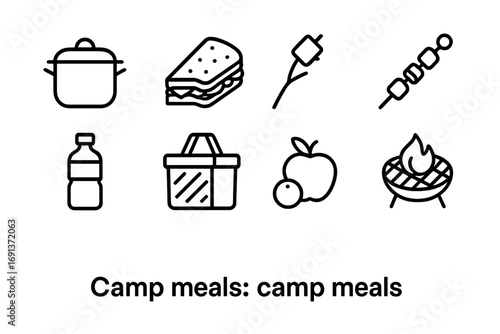Camp Meals Icons. Outline icon set of camp meals: cooking pot, sandwich, marshmallow, skewer, water bottle,