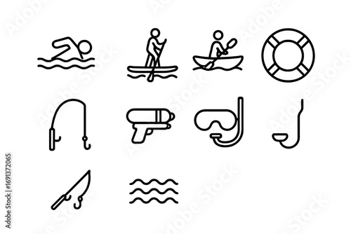 Water Activity Icons. Outline icon set of water activities: swimming, paddleboard, kayak, lifebuoy, fishing